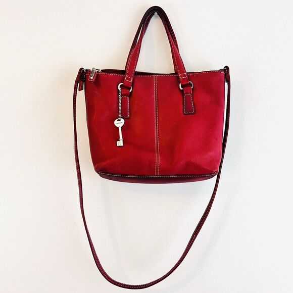 Fossil Handbags - Fossil Red Leather Top Handle & Crossbody Shoulder Bag with Key